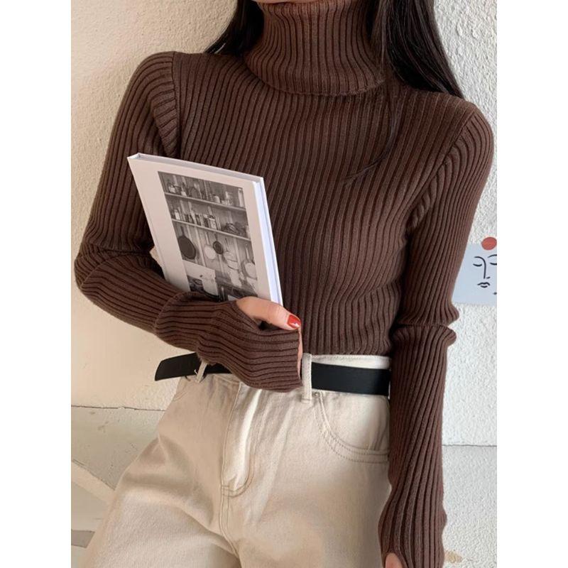 Kumikumi Basic Solid Turtleneck Long sleeve Knit Women clothes Autumn All-Match Slim fit Slimming Inner wear Top