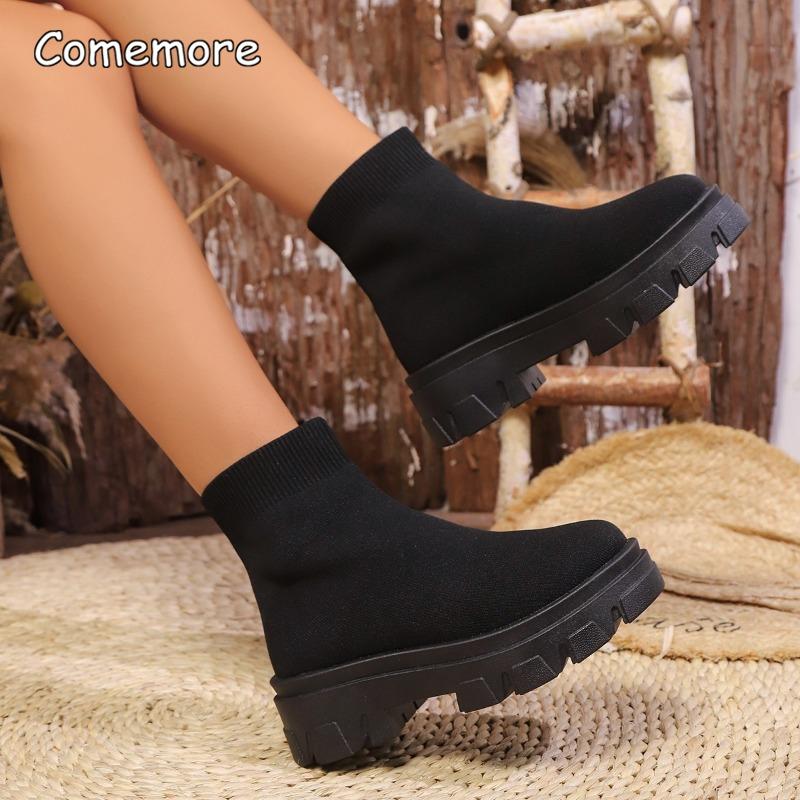 Fashion Chunky Platform Knitted Ankle Booties for Women Comfortable Slip on Shoes Woman Thick Bottom Elastic Socks Boots Women Size36 43