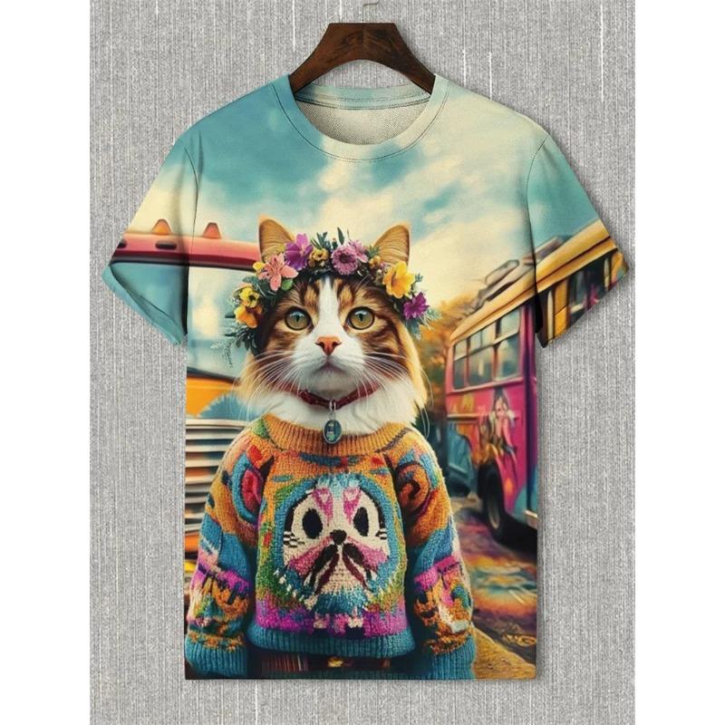 Zajímavé Kreativní Kočičí Grafika Pánské Módní Letní Krátký Rukáv 3D Tištěné Ležérní Osobnost Univerzální Nadměrná Velikost Tričko