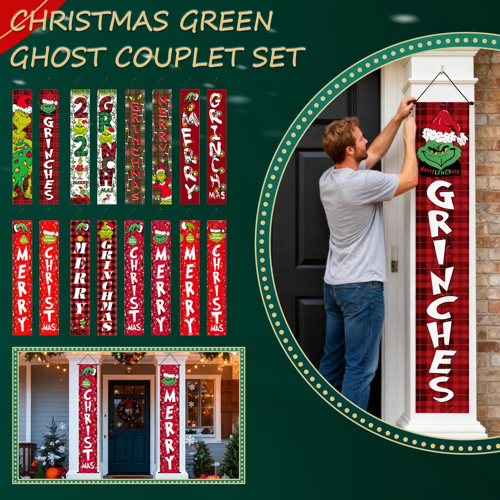 New Arrival! 30*180cm Christmas GreenGhost Couplets - Polyester,Durable& Eye-catching Design For Home & Cafe Decoration.