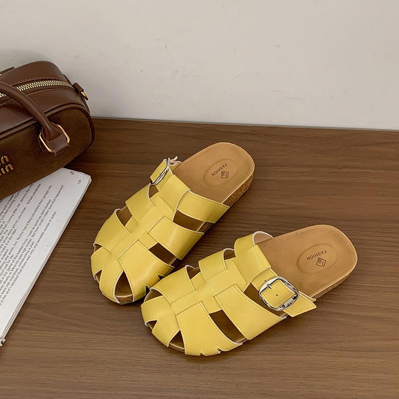 Baotou half slippers women's 2025 summer new woven hollow Roman cool slippers thick bottom one pedal Birkenstock