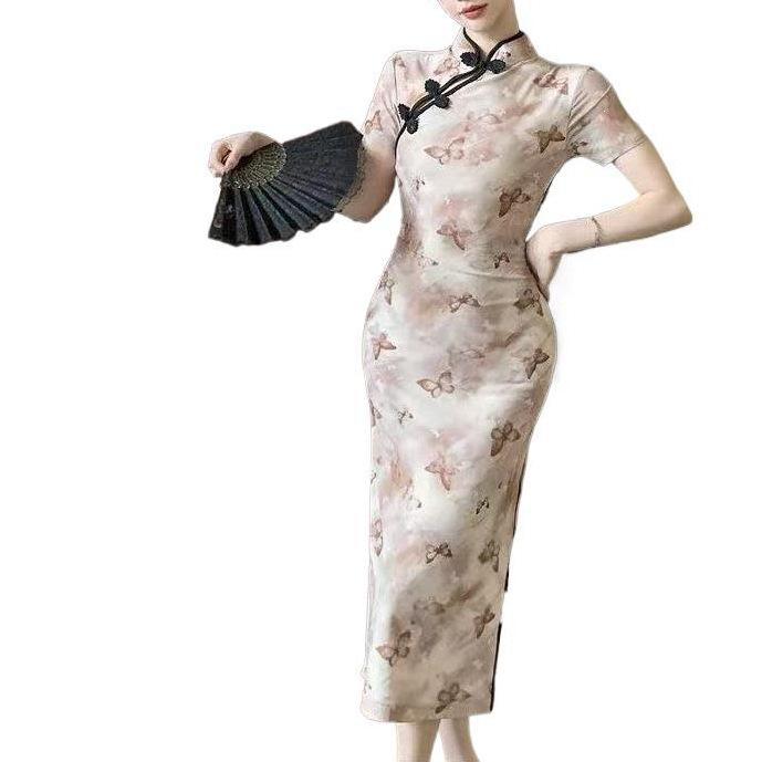 Chinese-style modified qipao printed dial button dress for women, summer wholesale slim-fit, waist-cinching, slit long dress