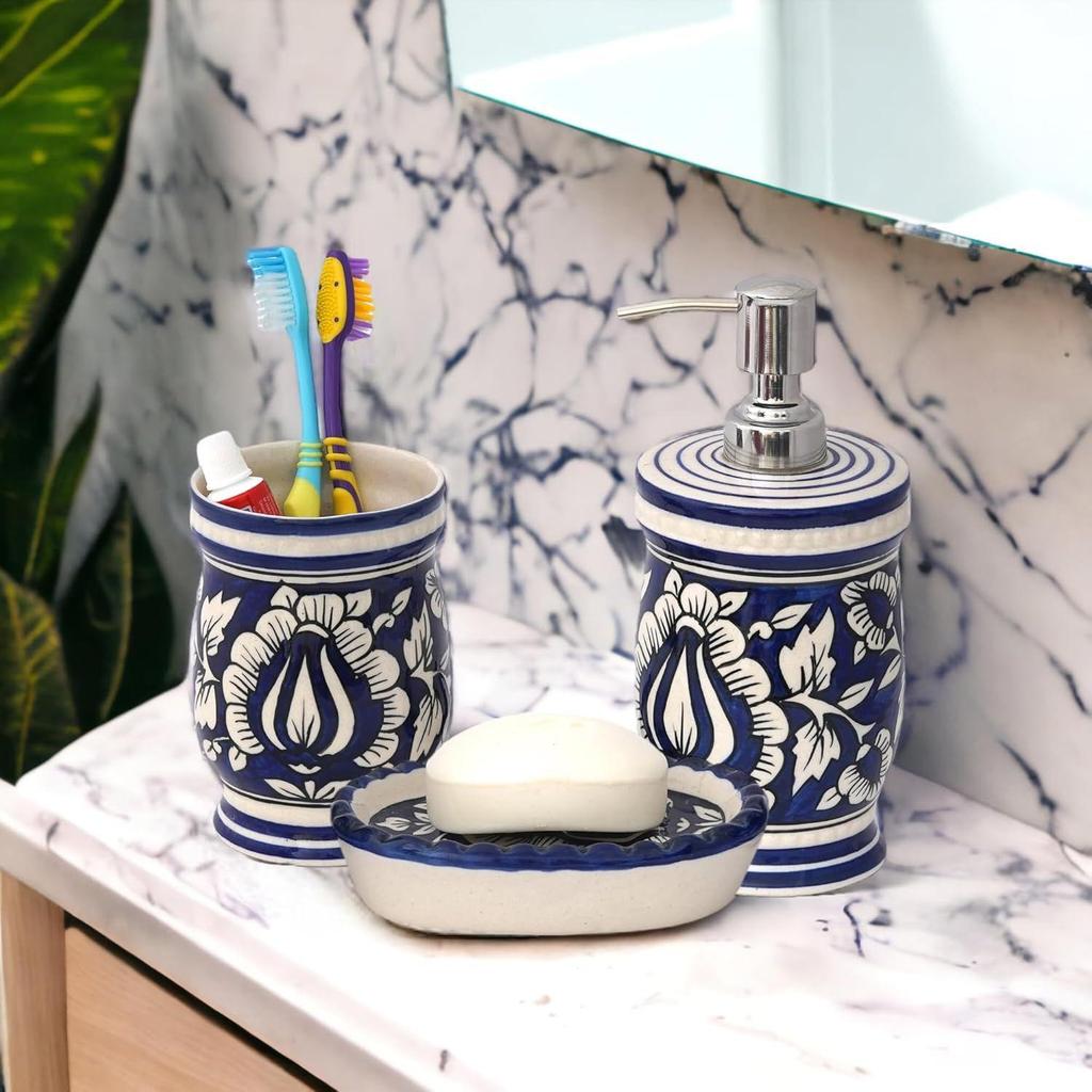 Premium Keramik Badezimmer-Accessoire-Set 3-teilig | Modernes handbemaltes Luxus-Badezimmer-Set mit 300 ml Seifenspender, Zahnbürstenhalter & Seifenschale |