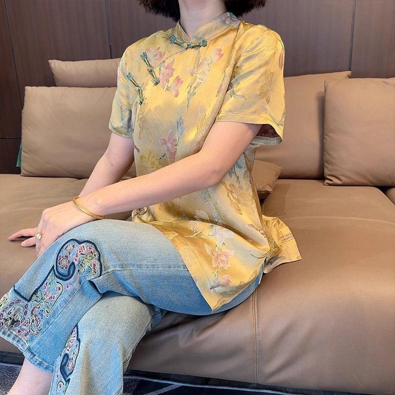 2025 summer retro luxury yellow printed shirt mother style daily wear shirt