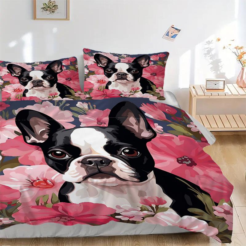 

3PCs Boston Terrier Design Cover Set, Breathable Fabric(1 Duvet Cover + 2 Pillowcases) (Without Quilt) yy250911197 135x200cm