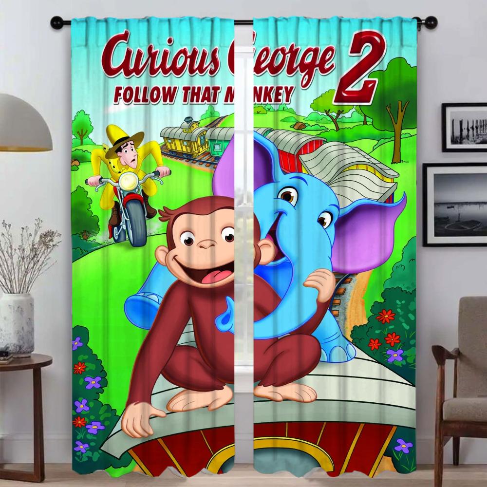 Curious George Curtains for Living Room Curtain Halloween Decoration Partition Home Interior Curtains 2 Pieces Shades Kitchen