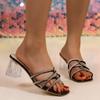 2025 Neue Damen High Heels Eckige Zehenpartie PU Mittelhohe Absätze Damen Slip-in Sandalen mit offener Zehenpartie Outdoor Pumps mit Strass-Sandalen