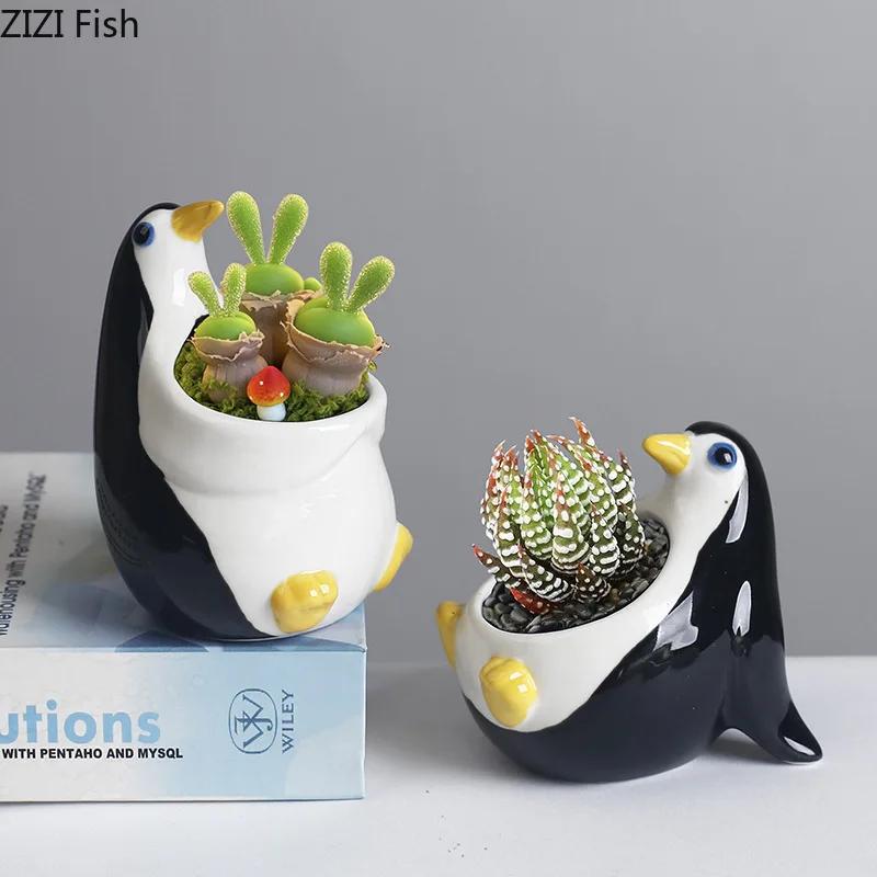 Painted Cartoon Penguin Ceramic Vase Small Plant Pots Table Decoration Flowers Arrangement Flower Vase Room Aesthetic Decor