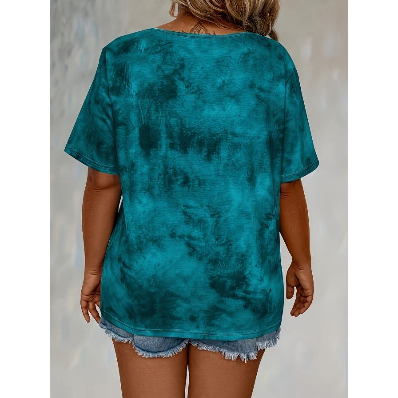 Women's Plus Size 5XL T-Shirt Fashion Tie Dye Print Loose Fit Tee with Lace-Up Short Sleeve T-Shirt Ladies Casual Drape Neck T-shirt