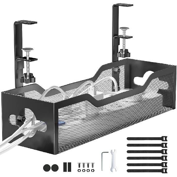 Under Desk Cable Management Tray No Drill, Metal Mesh Cable Management Under Desk with Clamp Mount, 2 Hole Cable Tray with Wire Management and Cord