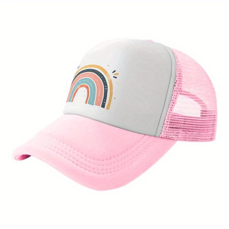 Rainbow Graphic Trucker Hat Pink Mesh Back Adjustable Baseball Cap Breathable Summer Outdoor Sports Cap