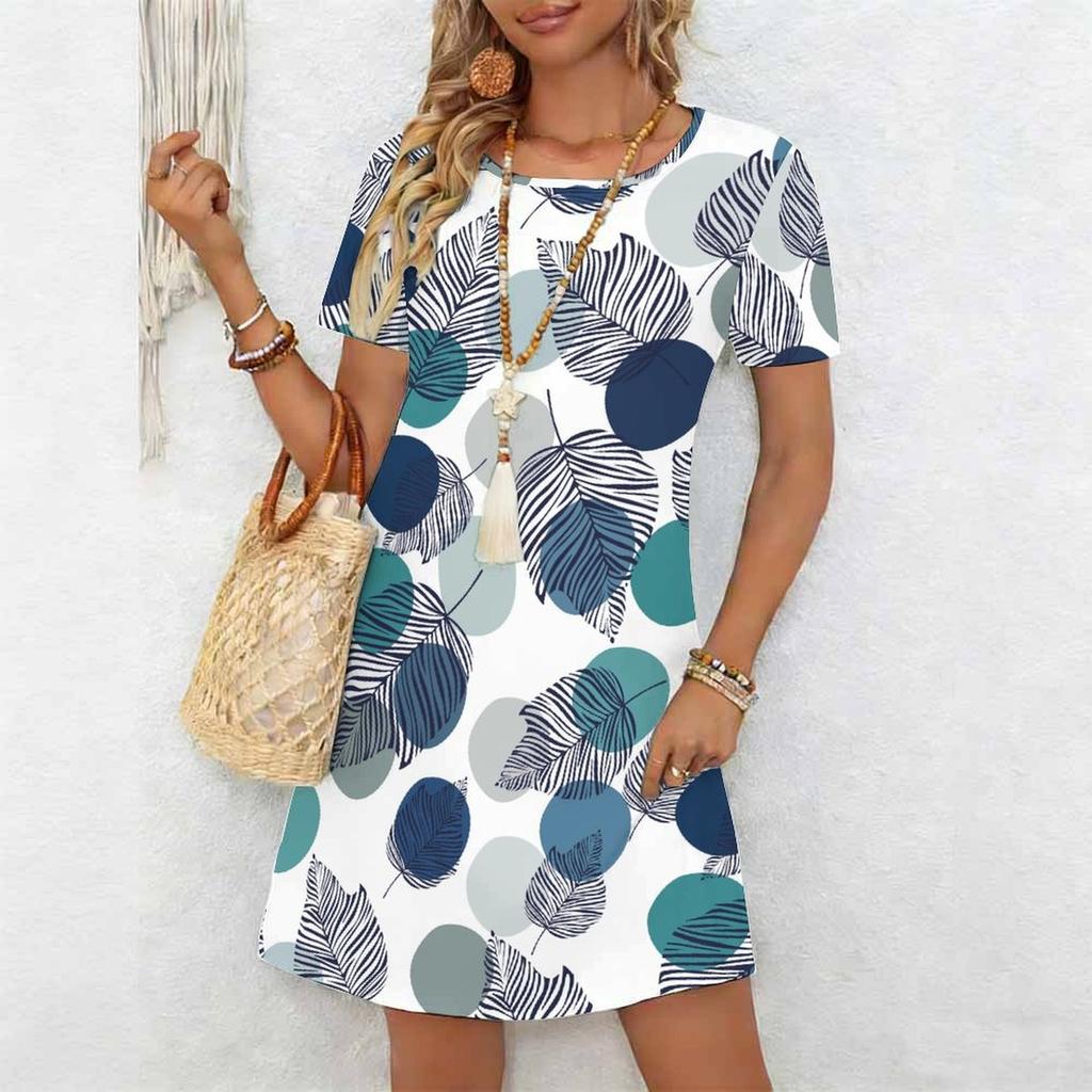 Women's Fashion Graceful Beautiful Flower Butterfly Print Summer Spring Short Sleeve O-Neck Casual Dresses