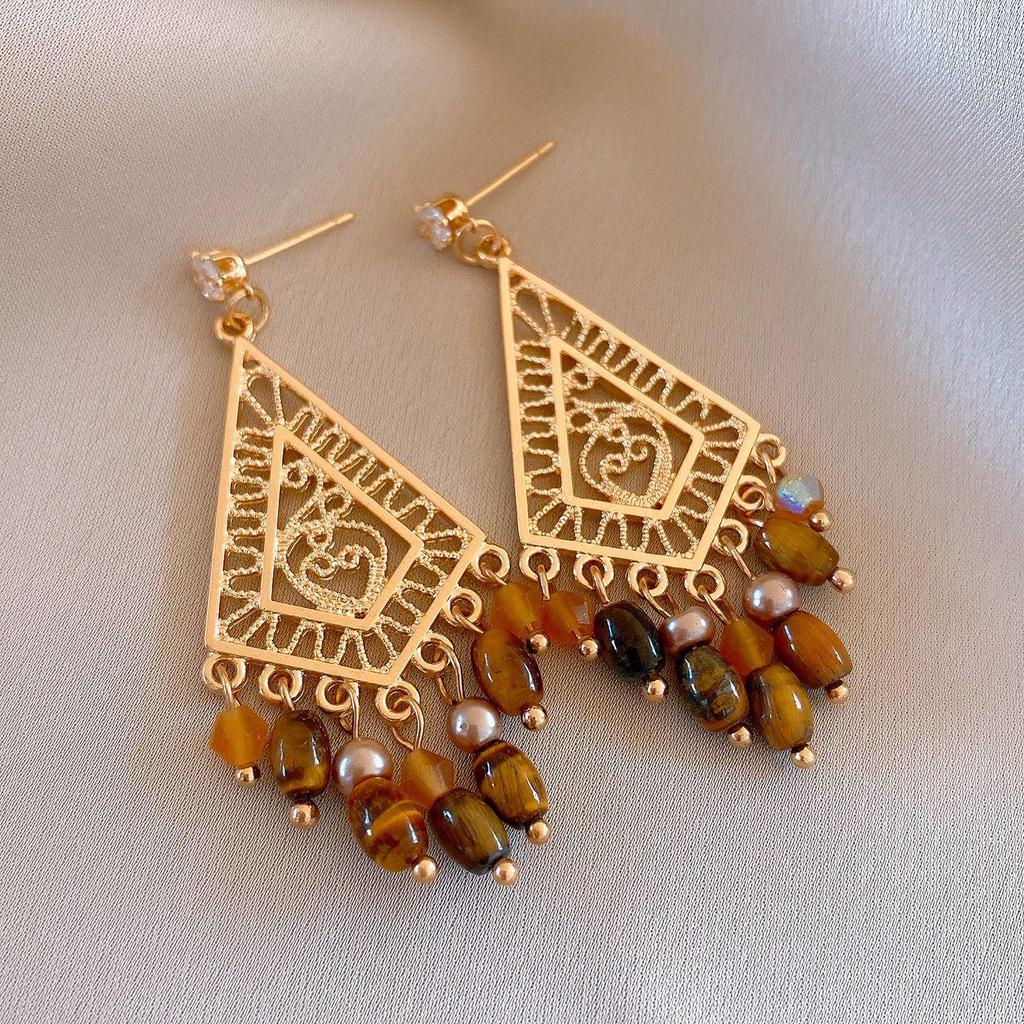 Geometric Tiger's Eye Stud Earrings, Retro Millard Style - Unique Design with Silver Needle 