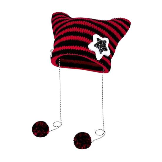 Winter Knitted Hat Cat Ear Design Plush Ball Decor Striped Print Windproof Warm Women Hat Cold Weather Headwear