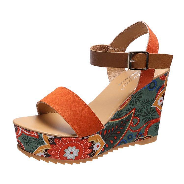 

Summer new ethnic style floral cloth wedge heel muffin bottom casual large size sandals 40 помаранчевий