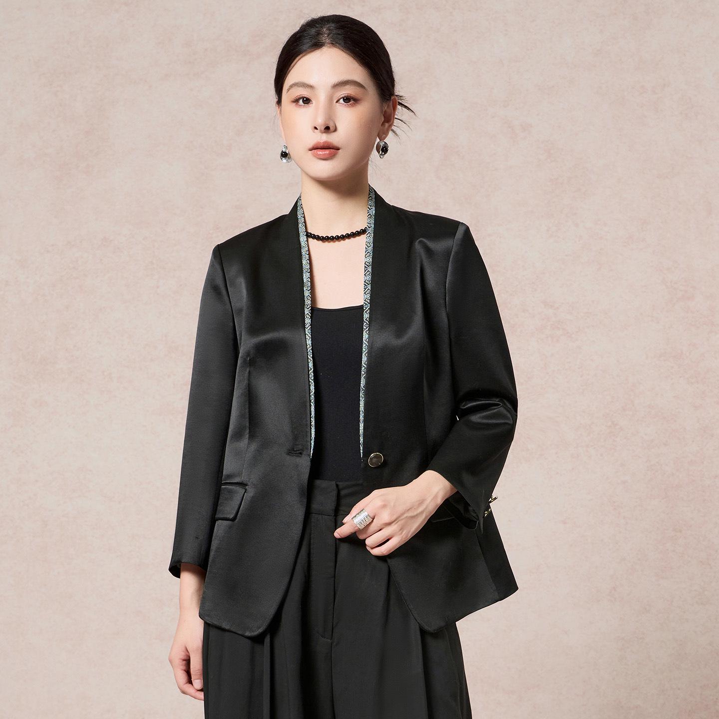 

Silk-Wool Blend Chinese Song Brocade Ink Wash Patchwork Jacket, Trimmed Short Top 3017 Large