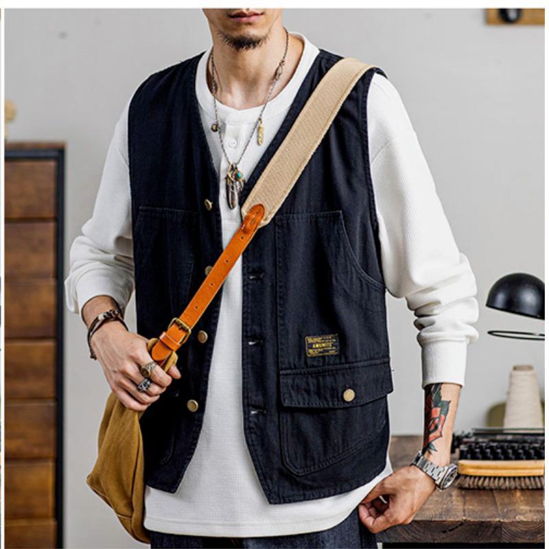 Trendy Vesta Harajuku Streetwear s výstřihem do V pro muže - Literární, Jednořadé zapínání