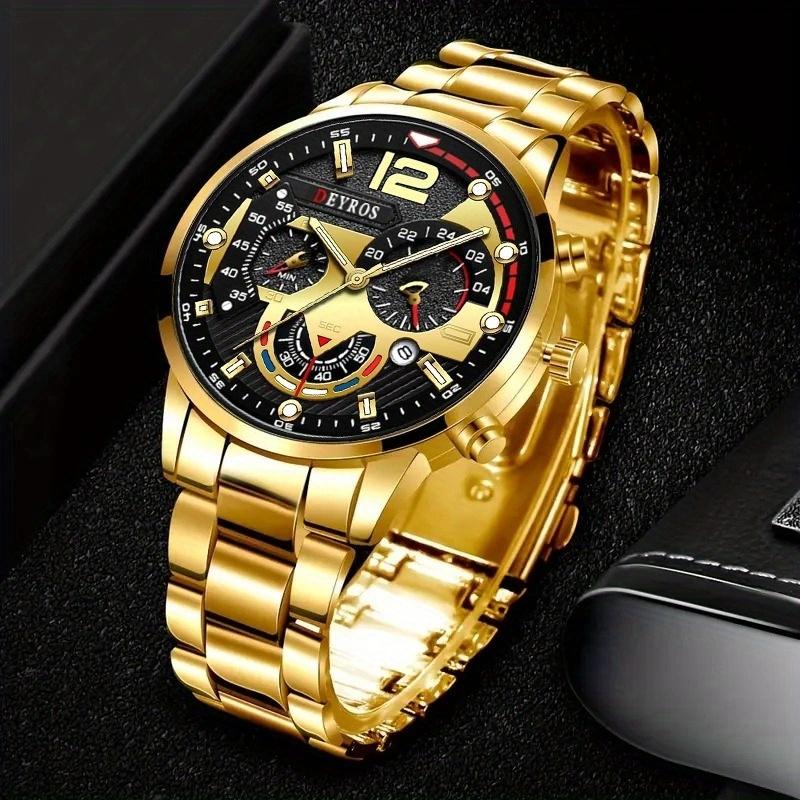 3pcs/set Fashion Men's Calendar Luxury Business Stainless Steel Quartz Wrist Watch & Bracelet Necklace Set, Best Gifts for Him