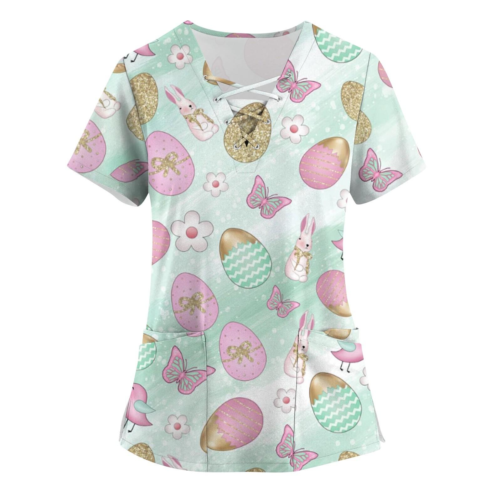 

Women s Fashion Short Sleeve V-Neck Drawstring Easter Print Pocket Work Top XXXL