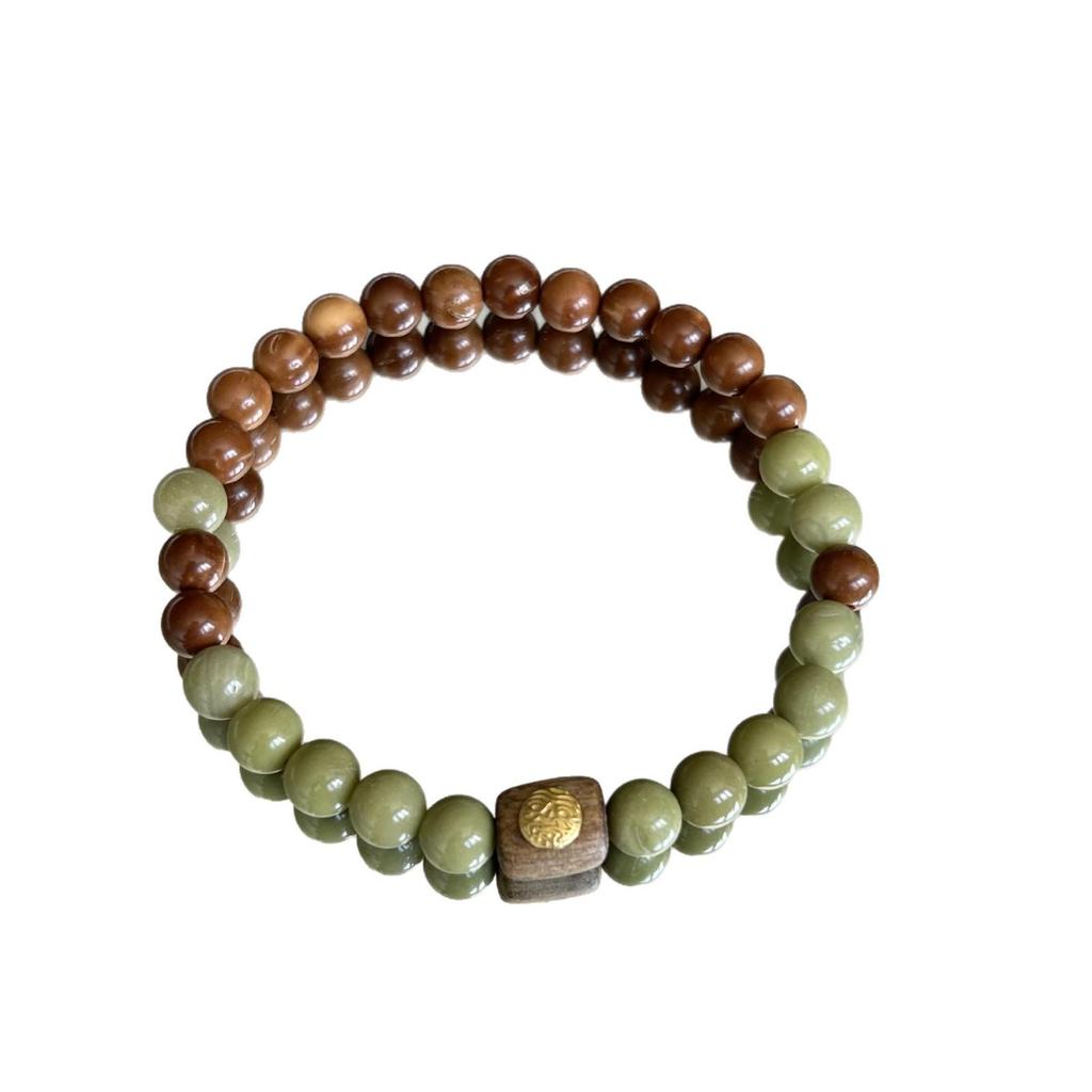 Natural Matcha Agate and Sandalwood Single-Loop Beaded Bracelet - Unique and Versatile Design
