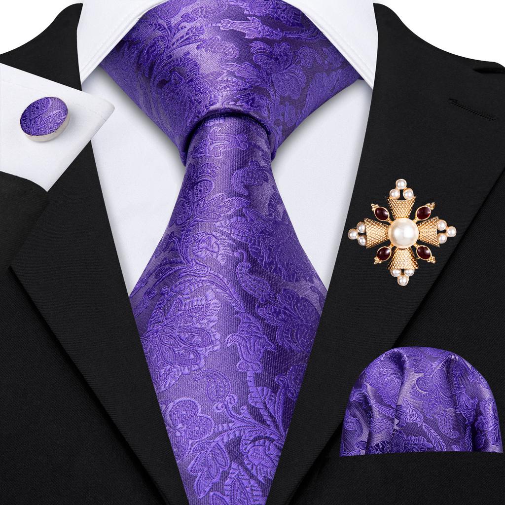 Pearl Brooch with Silk Tie for Men Vintage Floral Teal Necktie Hanky Cufflinks Gift Formal Set