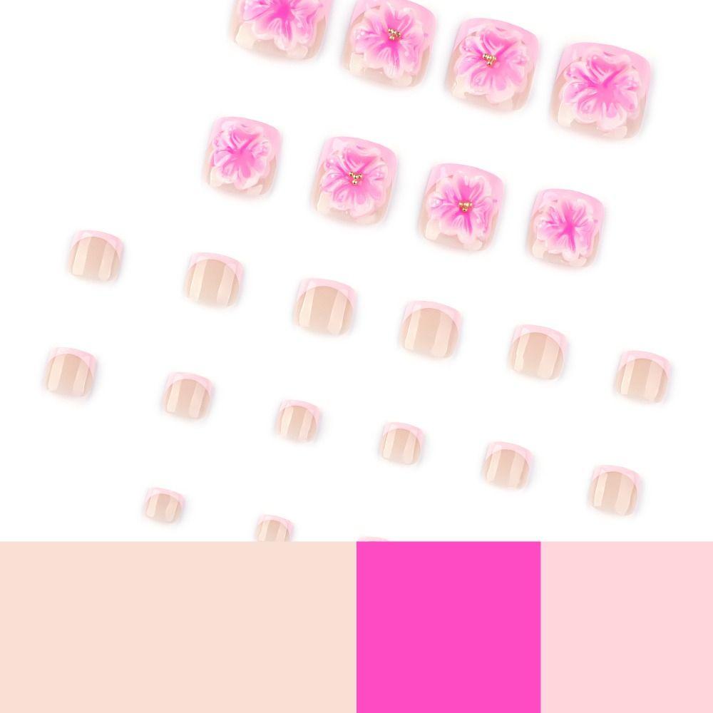 24pcs Short Square Toe Nails 3D Rose Red Flowers Foot Nails Fashion Fake Toenails  for Women Girl