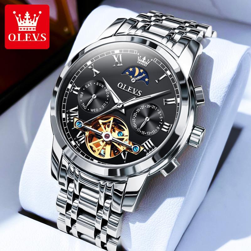 OLEVS 6617 Original Herrenuhr Luxus Skelett Hohl Schwungrad Automatikuhr für Herren Kalender Wasserdicht Mondphase Armbanduhr