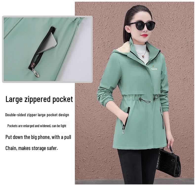 Women's Mid-length Hooded Windproof Fleece-Lined Jacket - Autumn/Winter 2025 Style