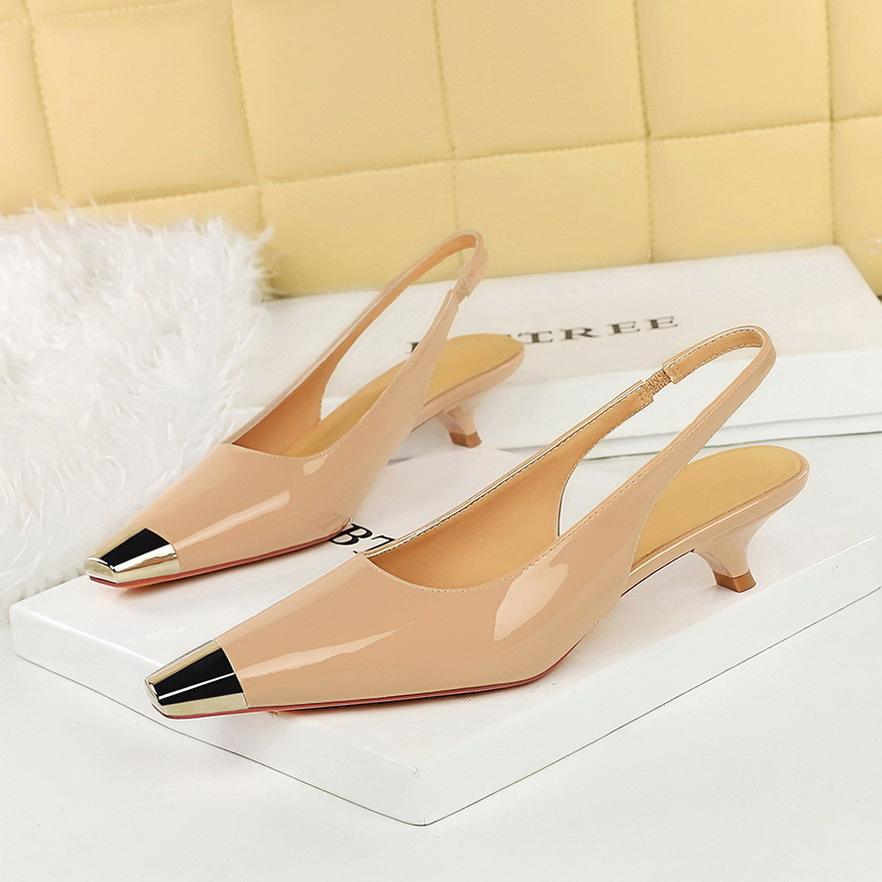 Fashion 2025 Fashion Banquet Thin Heel Shallow Mouth Women's Shoes Patent Leather Glossy Metal Head Rear Strap Thin Single Shoes Women
