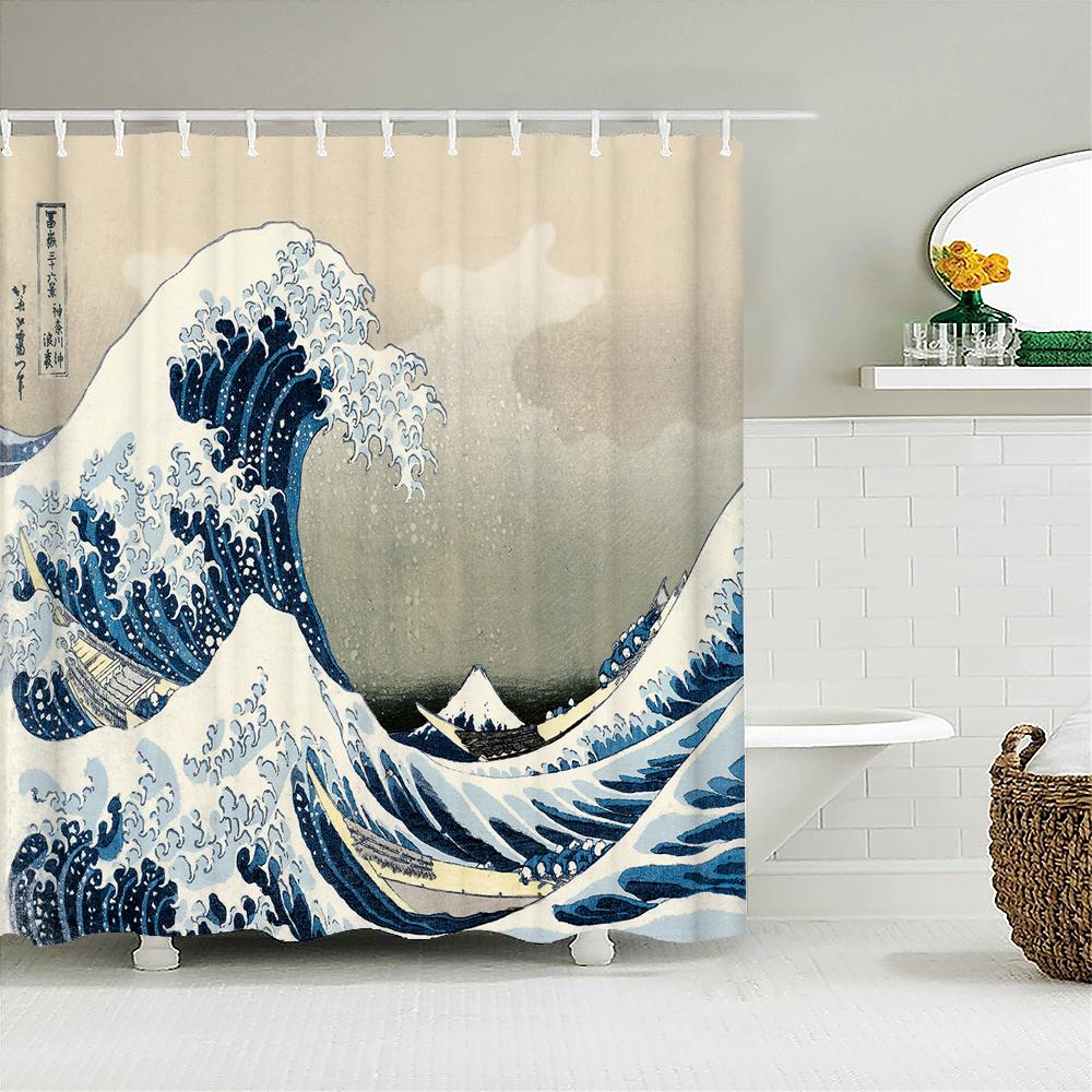 Waterproof Polyester Fabric Shower Curtain Japanese-style Waves Samurai Landscape 3d Printing Bathroom Decor Shower Curtains