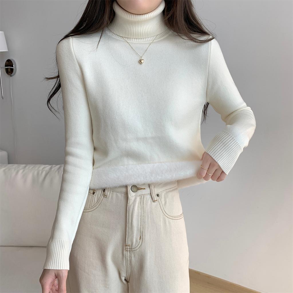 Solid color turtleneck integrated fleece thickened inner top women's winter simple basic knitted bottoming shirt soft waxy sweater