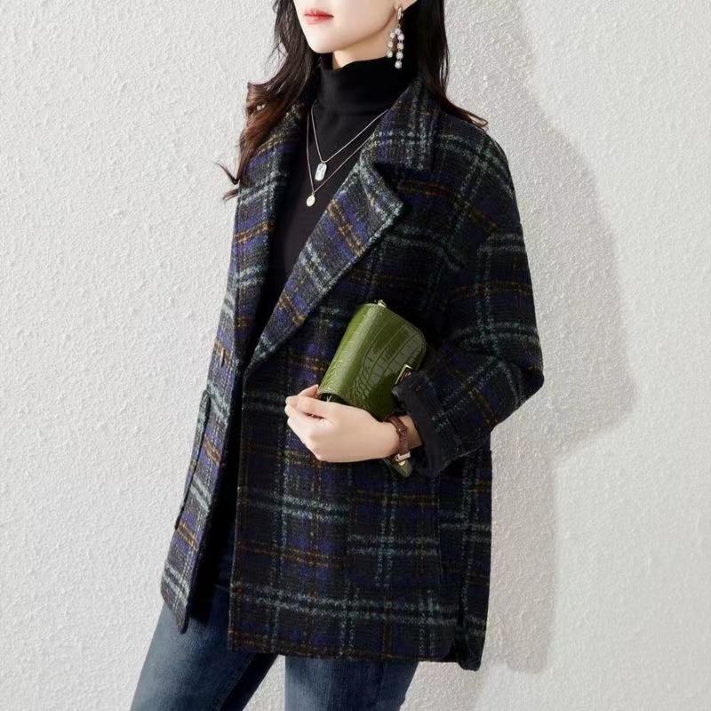 Winter Women Korean Loose Wool Clothes Plaid Wide-waisted Formal Cashmere Coat And Jackets Casual