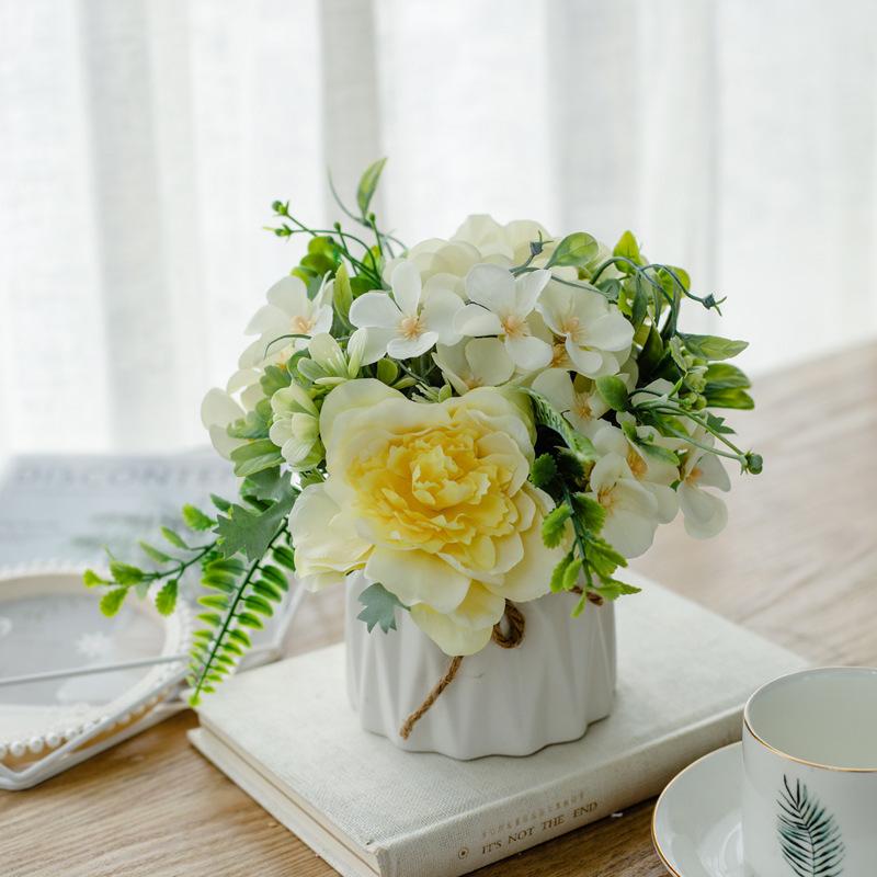 Artificial Flowers with Small Ceramic Vase Faux Roses Plants Eucalyptus Leaves Berries Flower Arrangements Decorations for Home