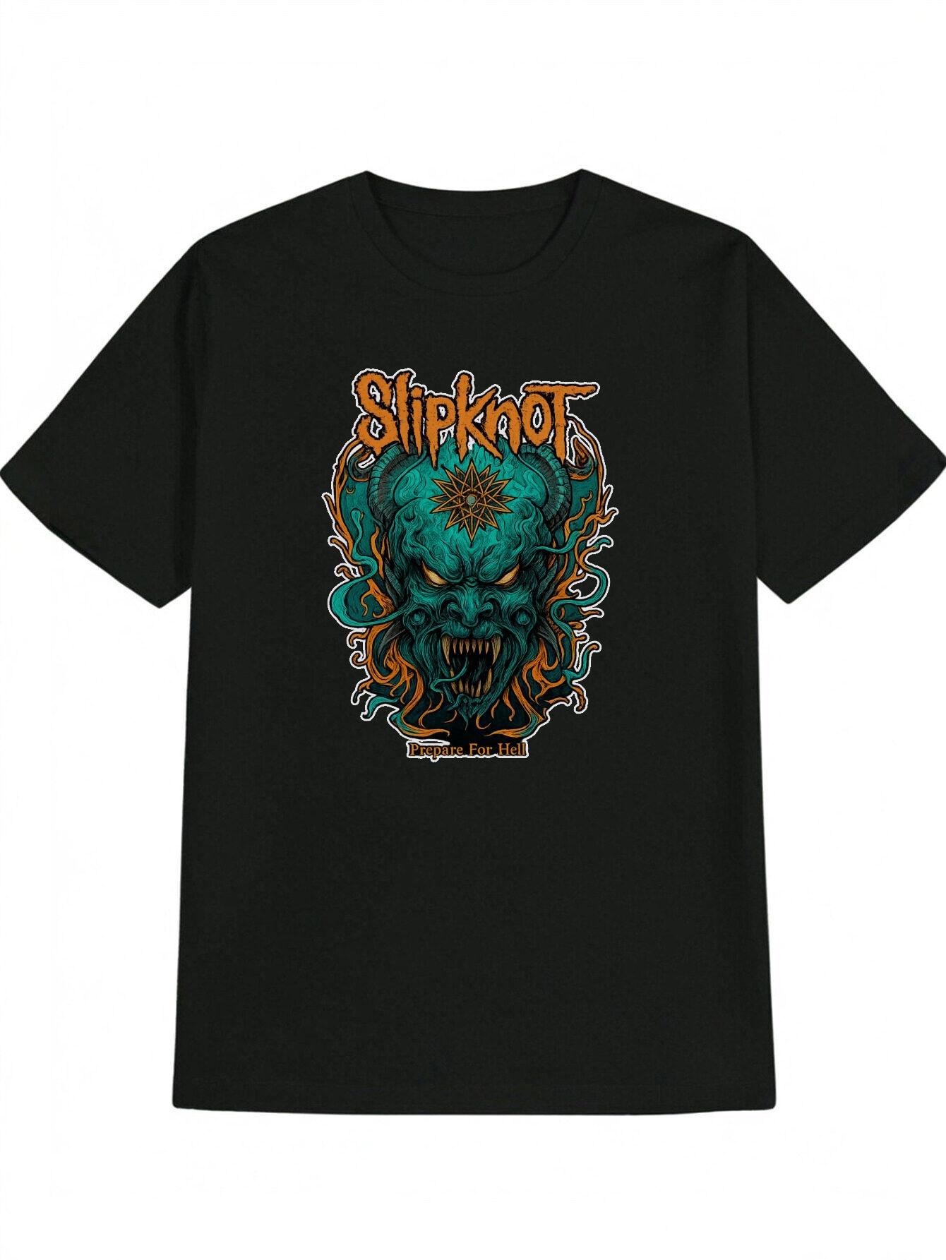 Slipknot Graphic T-shirt - Black Casual Crew Neck Tee with Fiery Skull Design XL
