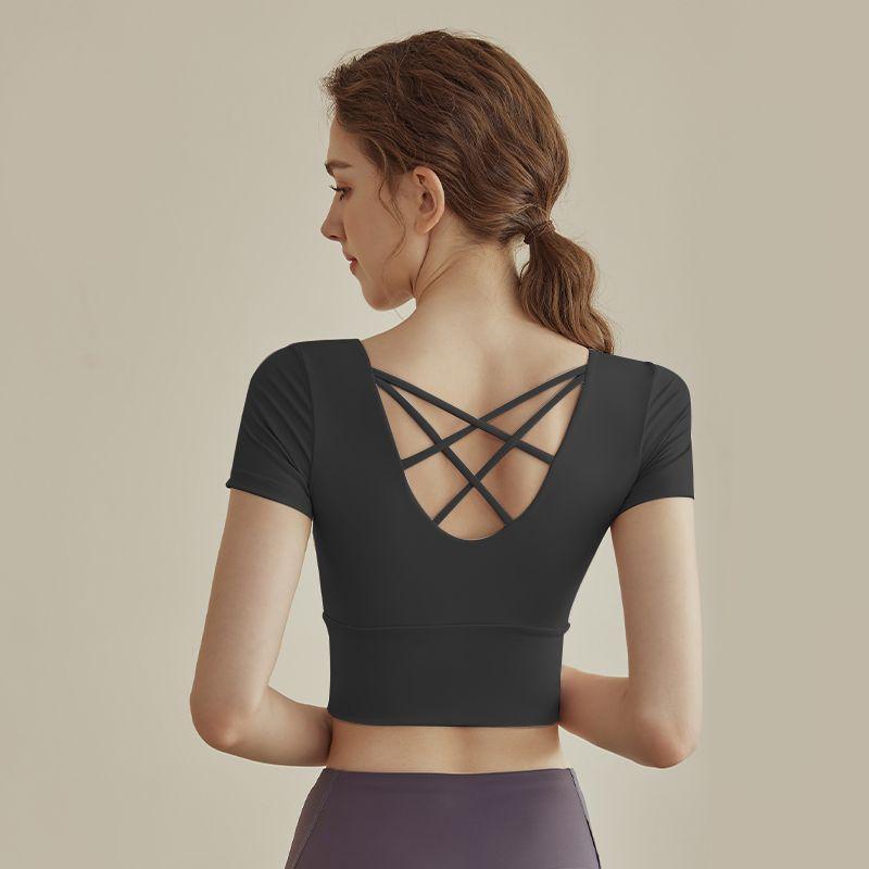 

Женская одежда для йоги с нагрудником, шорты для бега с коротким рукавом, спортивные профессиональные быстросохнущие топы, облегающая летняя новинка, фитнес-летняя футболка Xingyao black short sleeve S