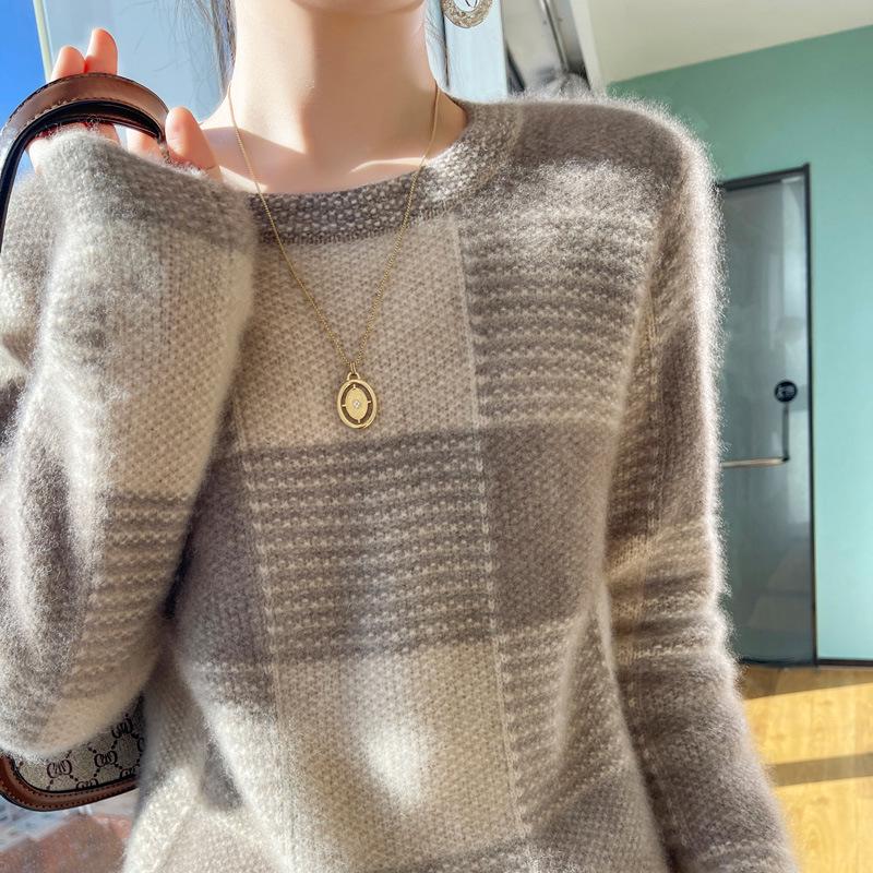 

Женский свитер с круглым вырезом из чистой шерсти в клетку колор-блок, пуловер толстой вязки в два слоя для осени/зимы. L верблюд