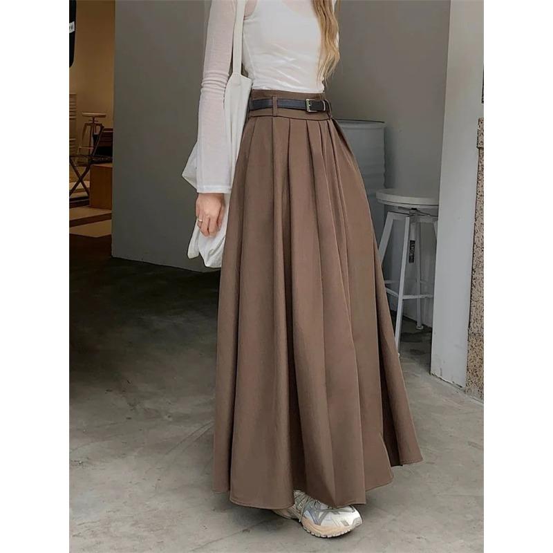 Women High Waist Jupe Korean Pleating Swing Skirt Vintage Fashion Spring Office Falda Holiday Loose Solid Long Skirt