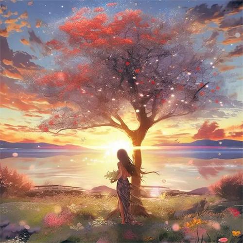 5D DIY Malowanie Diamentowe Drzewo Dziewczyna Haft Mozaika Krajobraz Zachodu Słońca Pełny Kwadratowy Okrągły Dekor Domu