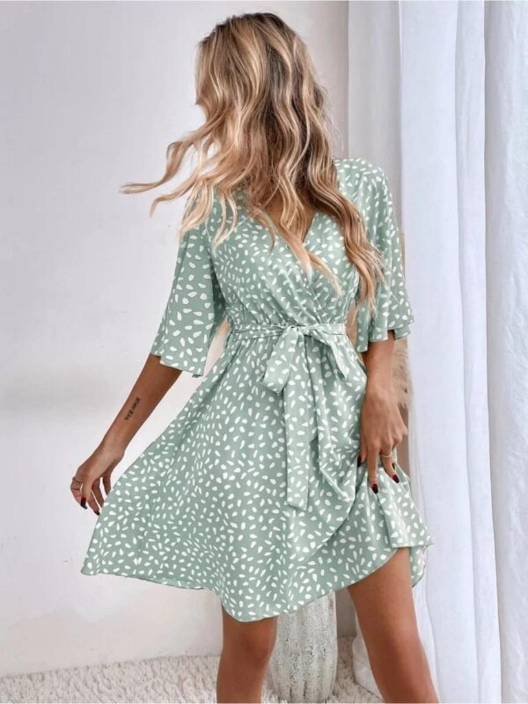 V Neck Printingt Dress Waist Hugging Dress Elegant Short Sleeve Dresses Causal Women Dress