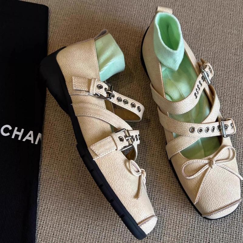 Leather Version~ Square Head Bow Sports Ballet Shoes Cross Buckle Belt Shallow Mouth Retro Mary Jane Shoes Women's Single Shoes