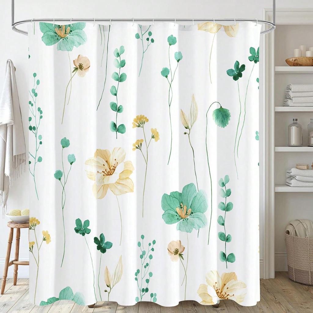 Watercolor Floral Shower Curtain,Mint Green Beige Flower Shower Curtain for Bathroom,Modern Minimalist Waterproof