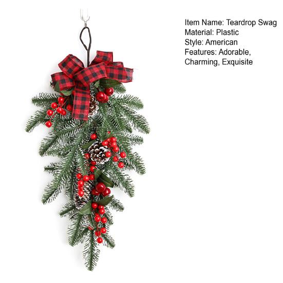 Christmas Teardrop Swag Wreath Artificial Pine Branch Teardrop Swag with Pine Cone Red Berry And Plaid Bow for Winter Front Door Wall Staircase