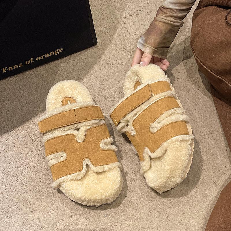 

Mao Mao drag girl 2025 autumn and winter Velcro thick-soled wool slippers outer wear warm flat-bottomed fashion slippers 40 верблюд