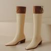 Fashion Square Toe Leather Color Blocking Middle Heel Knee High Shaft Shoes Woman Autumn Winter Chic and Elegant Pu Long Boots for Women