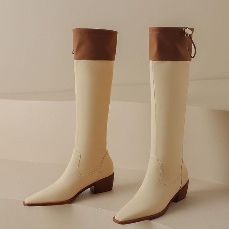 Fashion Square Toe Leather Color Blocking Middle Heel Knee High Shaft Shoes Woman Autumn Winter Chic and Elegant Pu Long Boots for Women