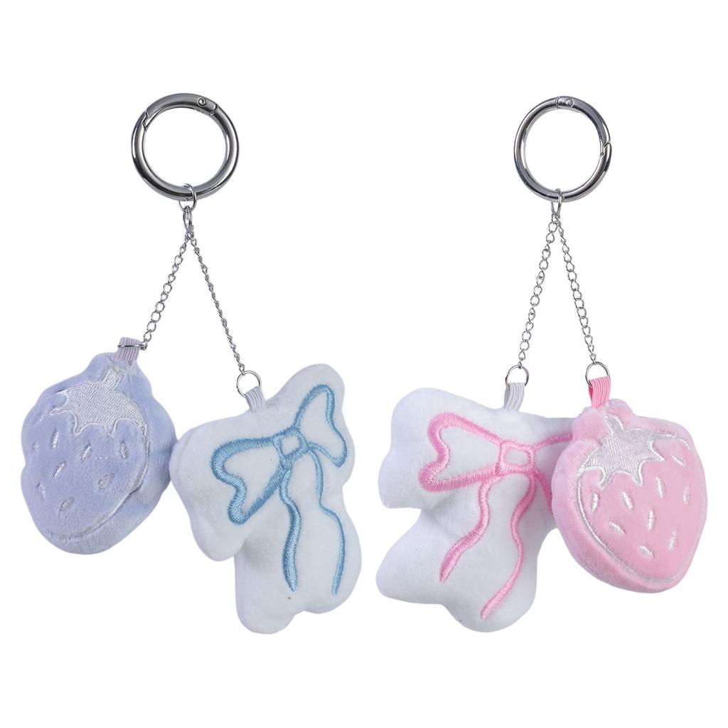 Plush Strawberry Bowknot Charm Keychains Sweet Lovely Pendant Hangings Ornament Keyring Backpack Decoration for Women