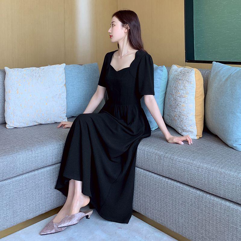 

French Style Chiffon Retro Waist-Controlled Chubby Girl s Dress Black [In Stock]] L