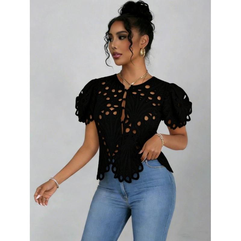 QICED Women's Fashion Casual Solid Color Print Short Sleeve V Neck Blouses & Shirts