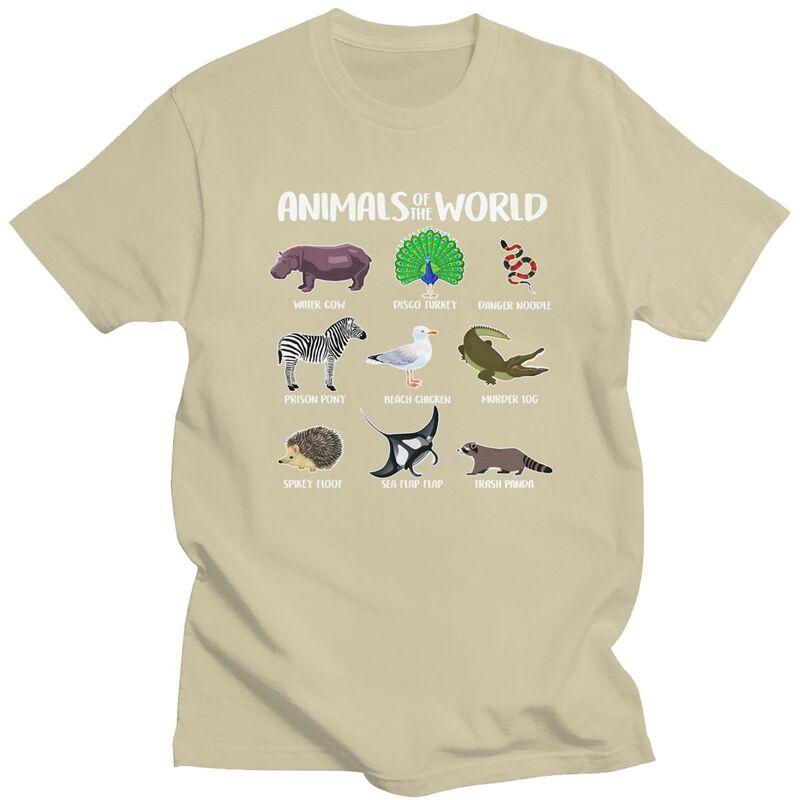 Animals Of The World T Shirt for Men Pure Cotton Tshirt Humor Streetwaer Short Sleeve Tee Shirt Slim Fit Clothing Gift