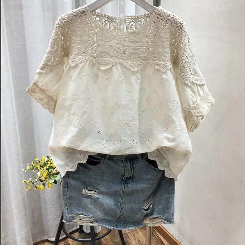 Zomer Comfortabel Casual Dames Tops O-Hals Dameskleding Plus Size Borduurwerk Holle Vrouwen Shirts Mode Losse Korte Mouw Shirt